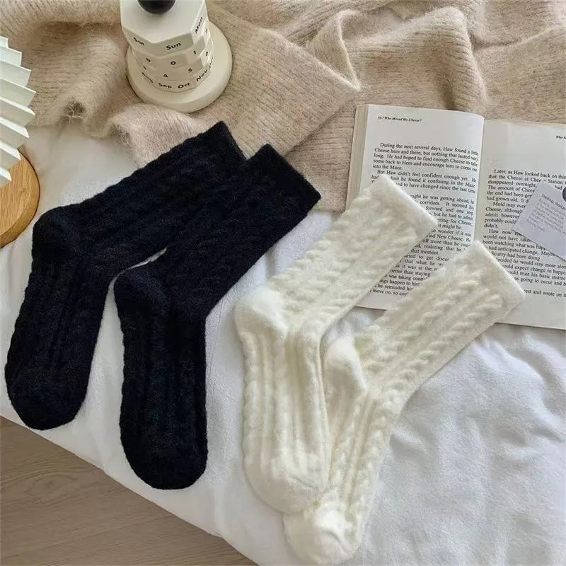 女性用、秋冬、厚手、暖かい、コットン製のミディアムレングスのレトロスタイルのソックス