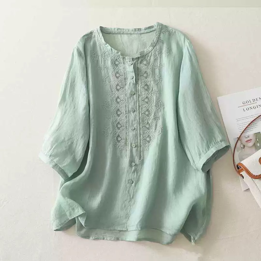 刺繍入りリネン半袖シャツ