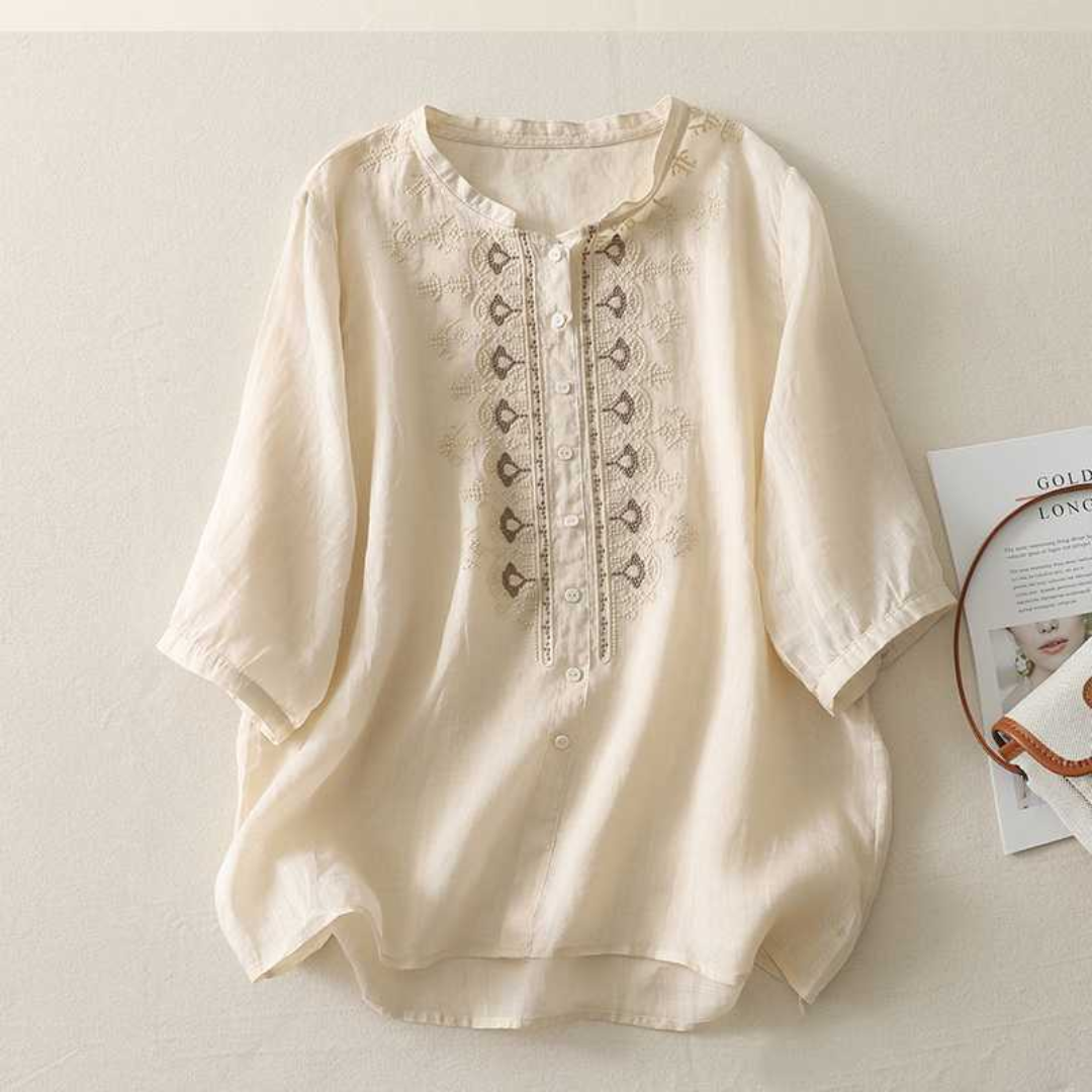 刺繍入りリネン半袖シャツ