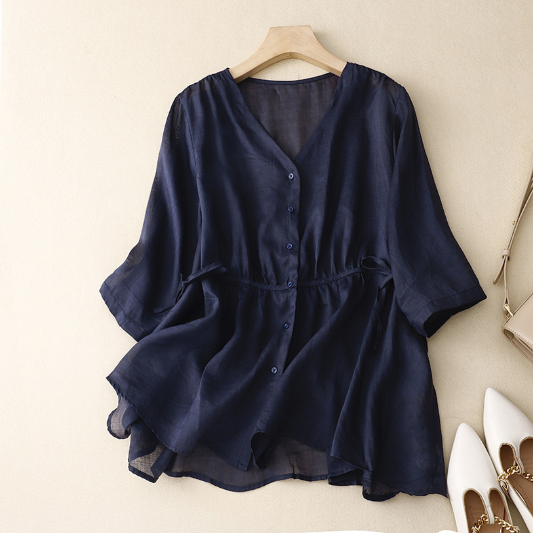 Vネック半袖ロングシャツ