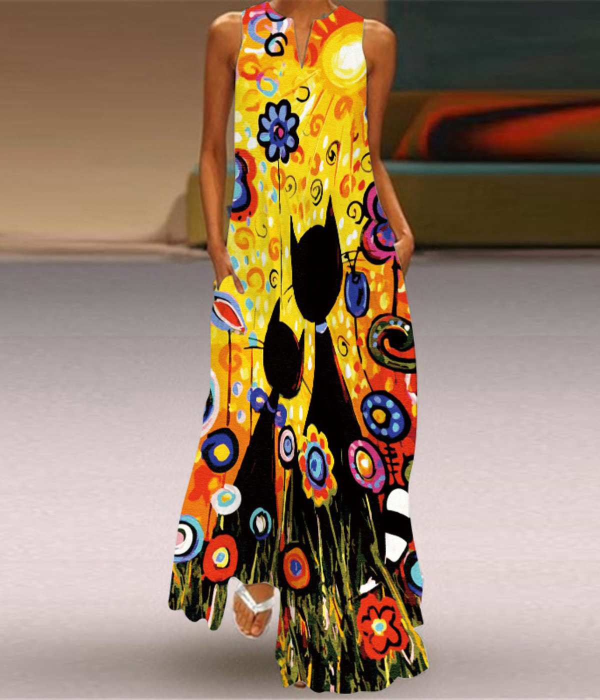 イエローキャットVネックプリントドレス