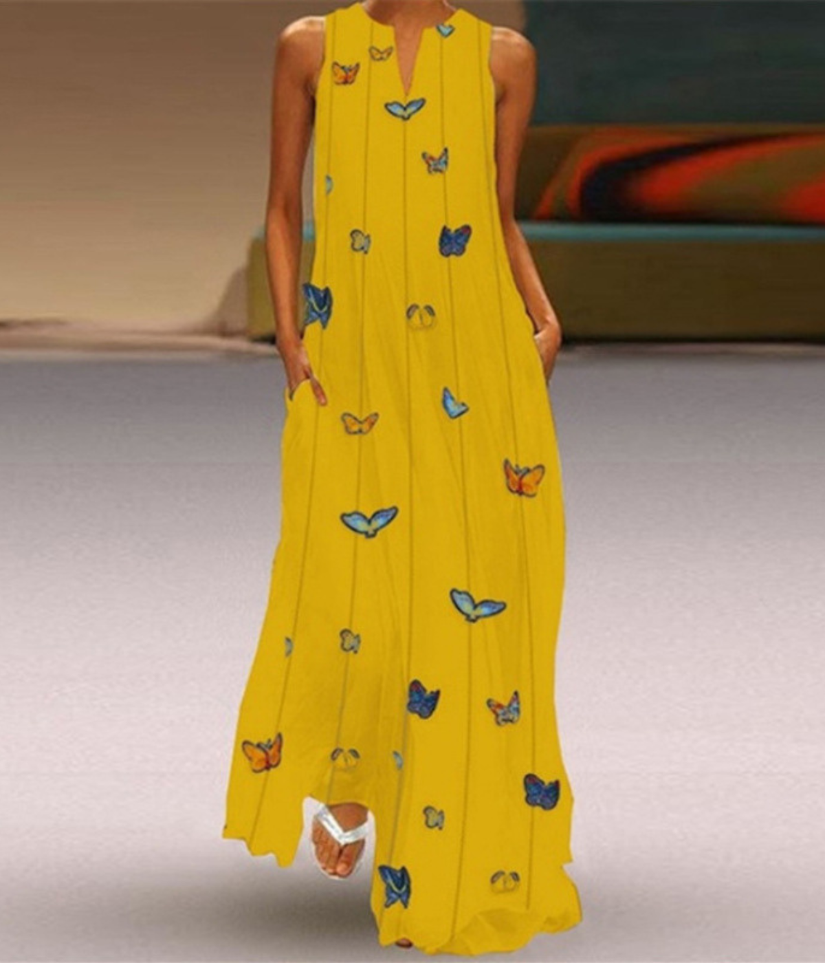 イエローバタブルドットVネックプリントドレス