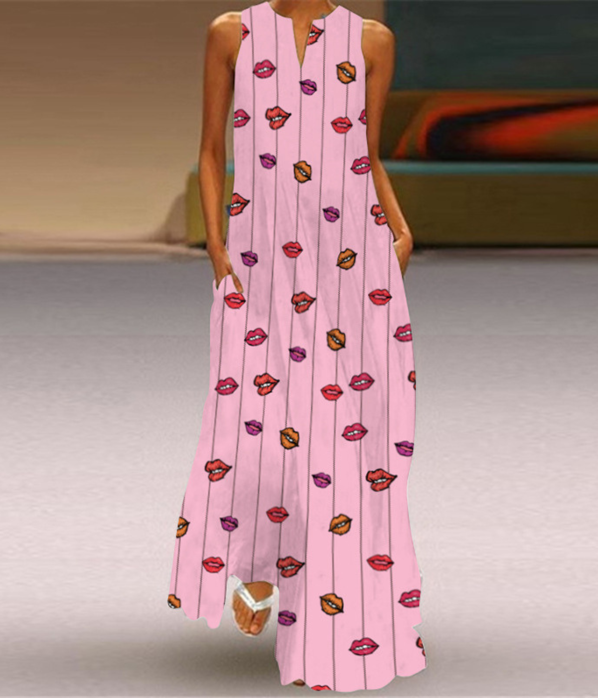 イエローリップドットVネックプリントドレス