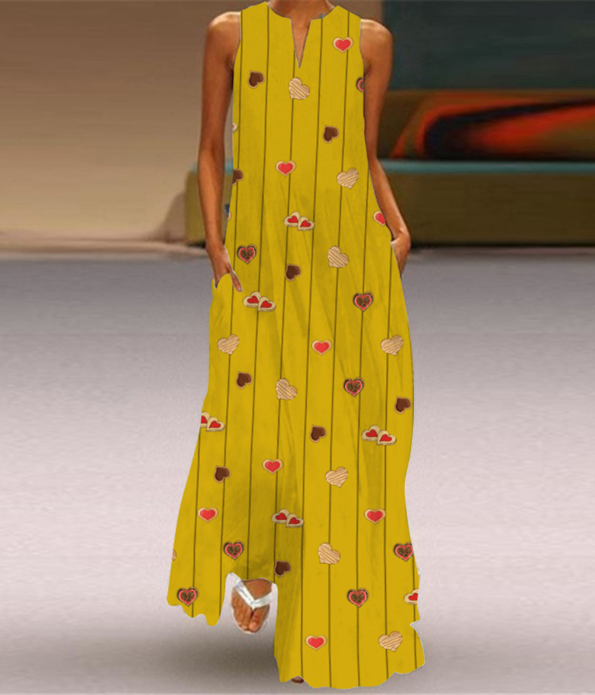 イエローハートドットVネックプリントドレス