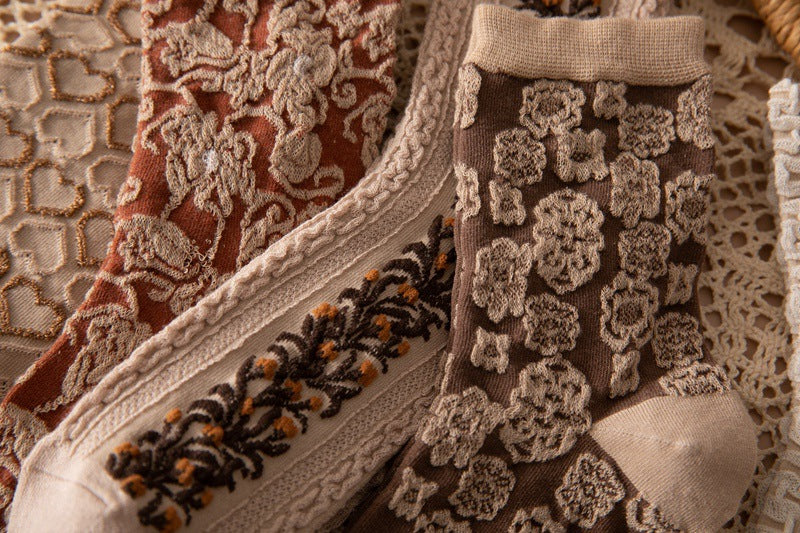 女性用、厚手、暖かい、コットン製のミディアムレングスの靴下、秋冬用、レトロプリント