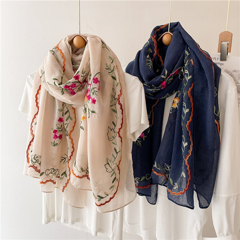 刺繍された花のコットンとリネンのスカーフ 日差しから守るスカーフ