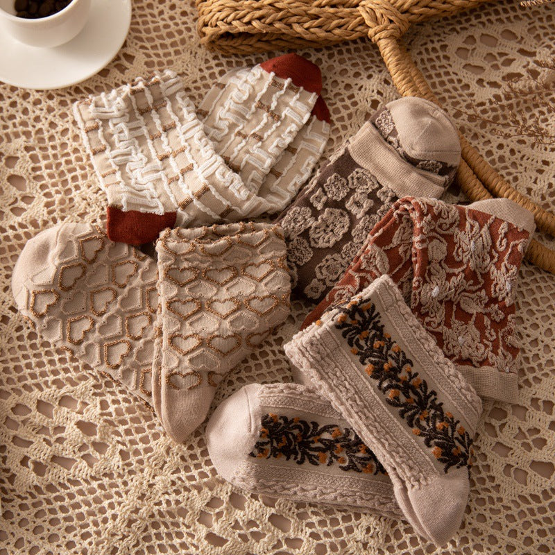 女性用、厚手、暖かい、コットン製のミディアムレングスの靴下、秋冬用、レトロプリント