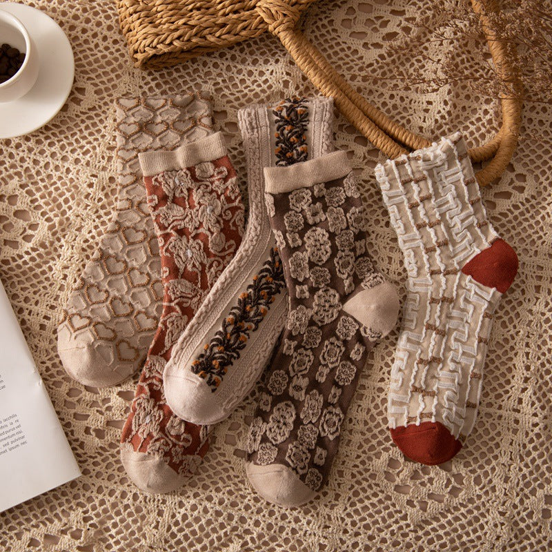 女性用、厚手、暖かい、コットン製のミディアムレングスの靴下、秋冬用、レトロプリント