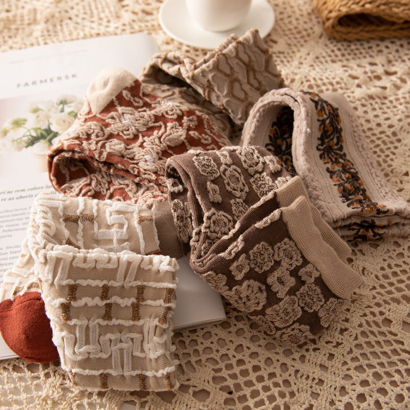 女性用、厚手、暖かい、コットン製のミディアムレングスの靴下、秋冬用、レトロプリント