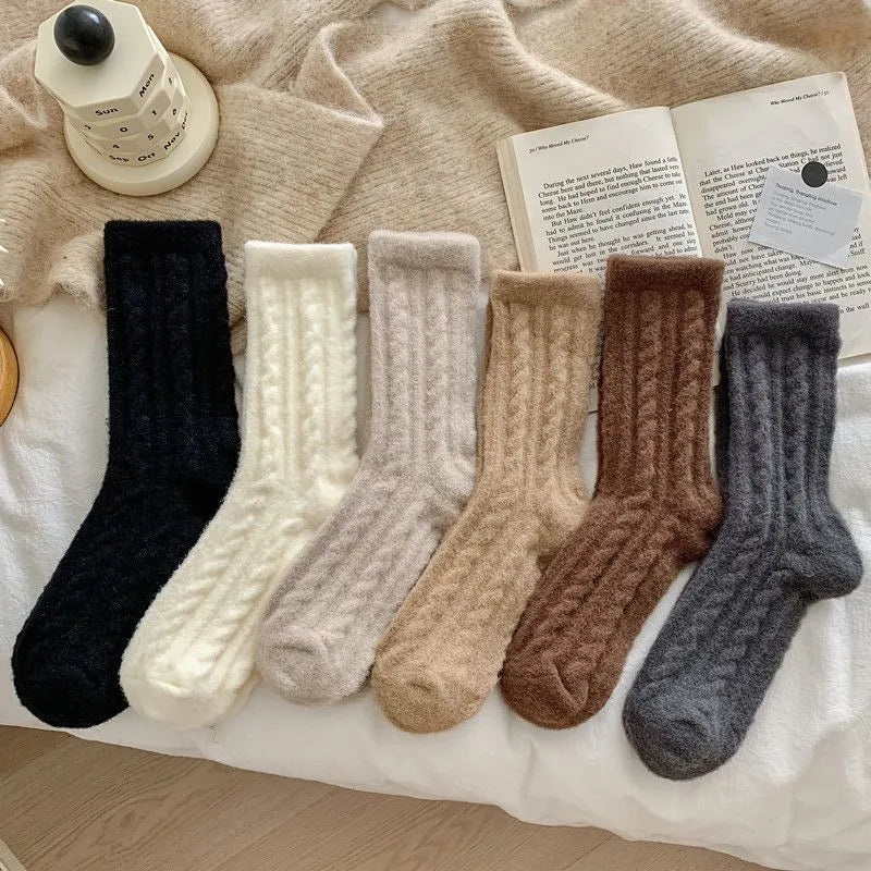 女性用、秋冬、厚手、暖かい、コットン製のミディアムレングスのレトロスタイルのソックス