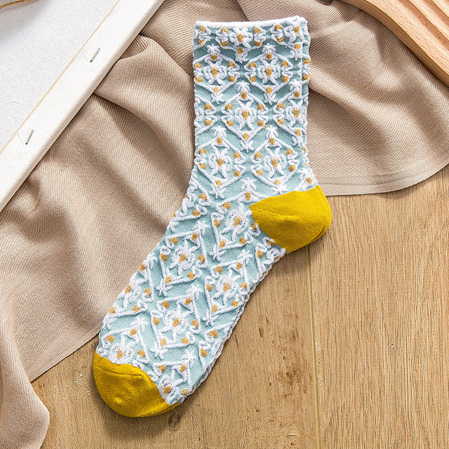 女性用、厚手、暖かい、コットン製のミディアムレングスソックス、秋冬用、レトロプリント