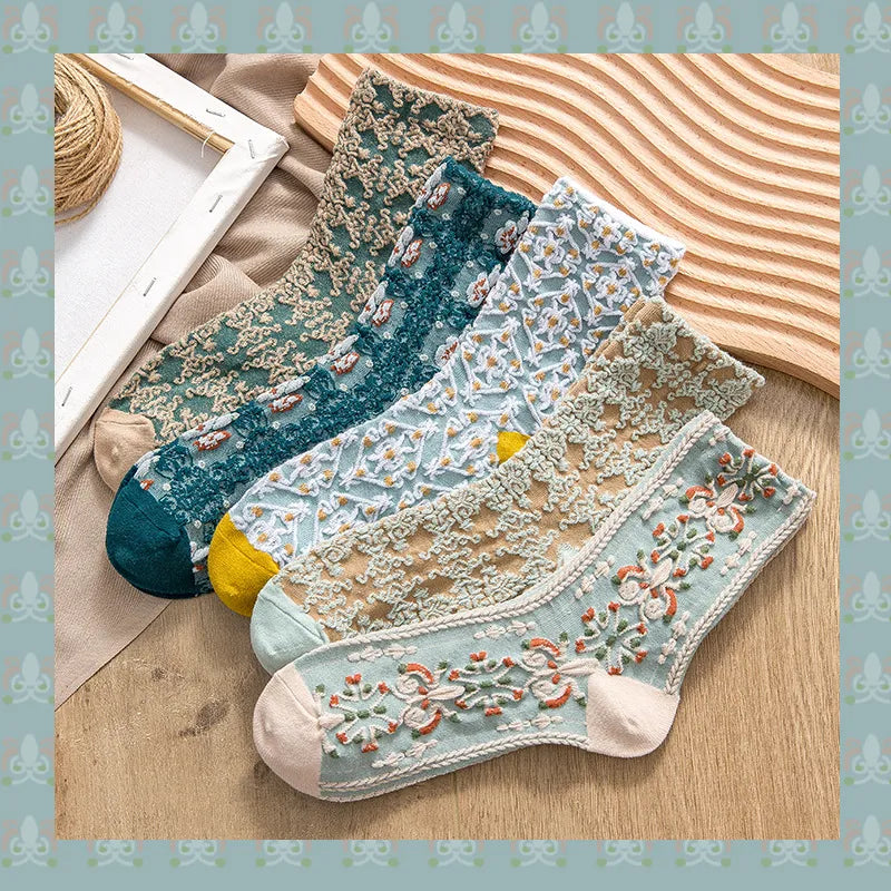 女性用、厚手、暖かい、コットン製のミディアムレングスソックス、秋冬用、レトロプリント