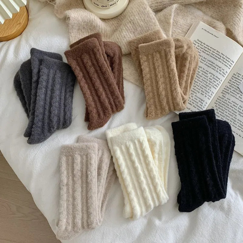 女性用、秋冬、厚手、暖かい、コットン製のミディアムレングスのレトロスタイルのソックス