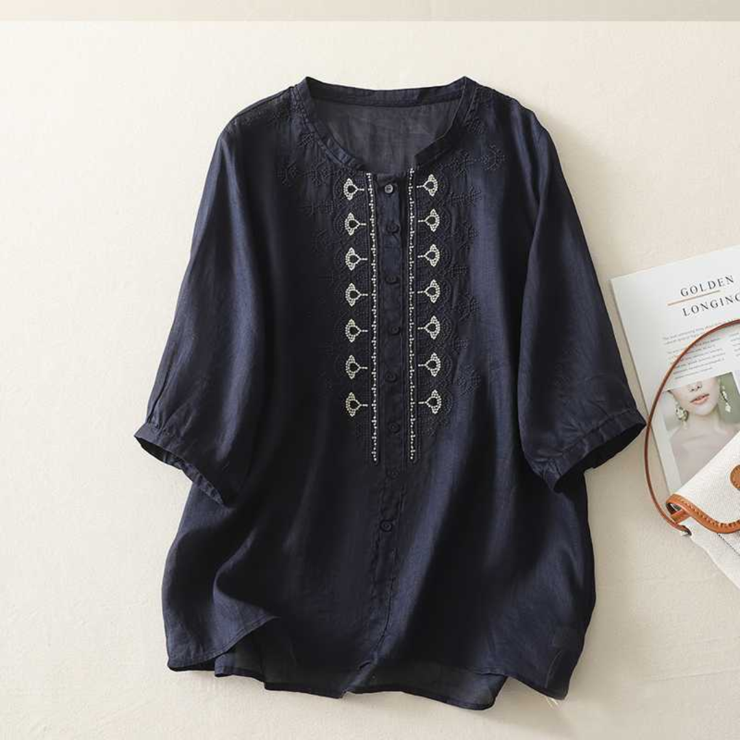 刺繍入りリネン半袖シャツ