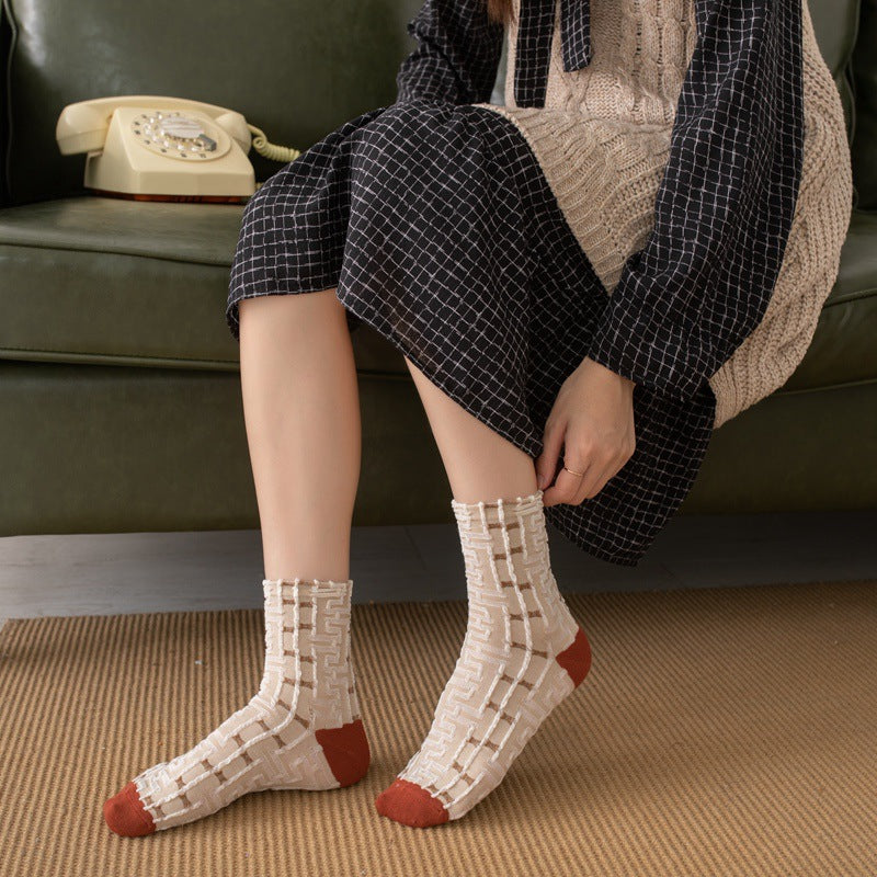 女性用、厚手、暖かい、コットン製のミディアムレングスの靴下、秋冬用、レトロプリント