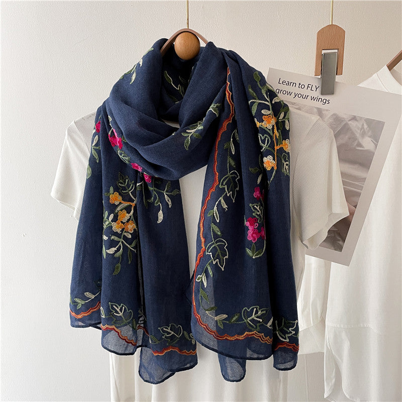 刺繍された花のコットンとリネンのスカーフ 日差しから守るスカーフ