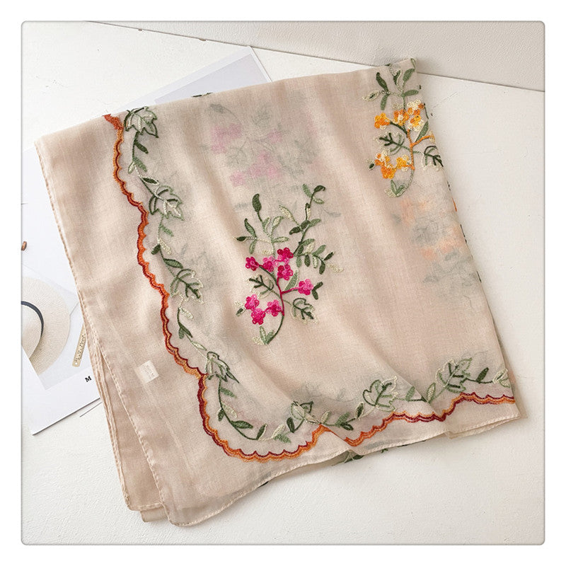 刺繍された花のコットンとリネンのスカーフ 日差しから守るスカーフ